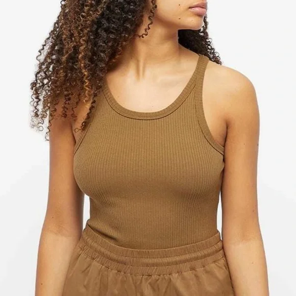 Good American Thong Tank Bodysuit Ribbed Khaki Forrest Green Brown High Leg Sz L - Picture 4 of 15